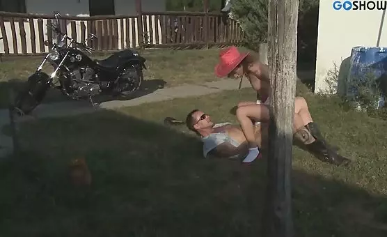 Country Brunette Babe Riding Cowboys Cock